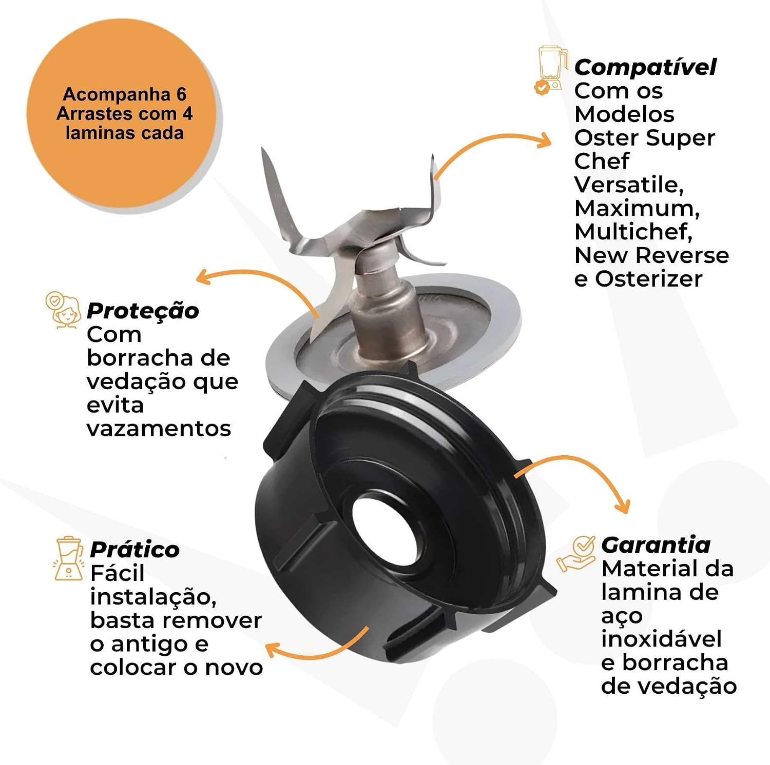 Lâmina de 4 Pontas com Base e Vedação Compatível com Liquidificador Osterizer, Super Chef e Versatille