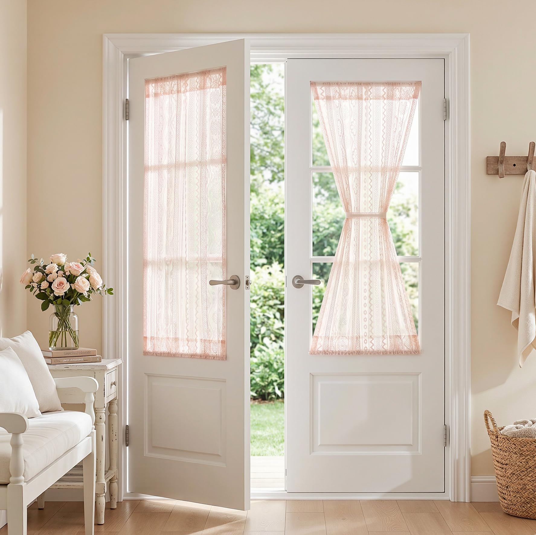 MYSKY HOME Pink Lace French Door Curtains 40 inch Long 2 Panels Boho Sheer Floral Curtains for Door Window Scalloped Doorway Sidelight Curtains Come with 2 Matching Tie-Backs, 26" Wide Each Panel