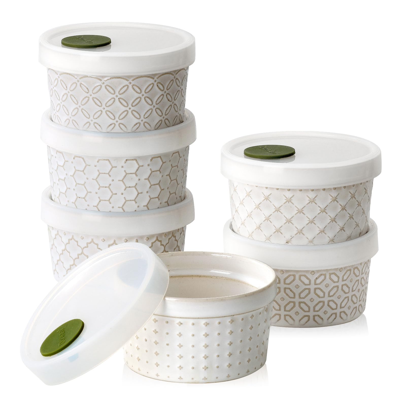 DOWAN Lot de 6 ramequins en porcelaine avec couvercles pour crème brûlée - 230 ml - Passe au four - Pour desserts, cocottes et sauces