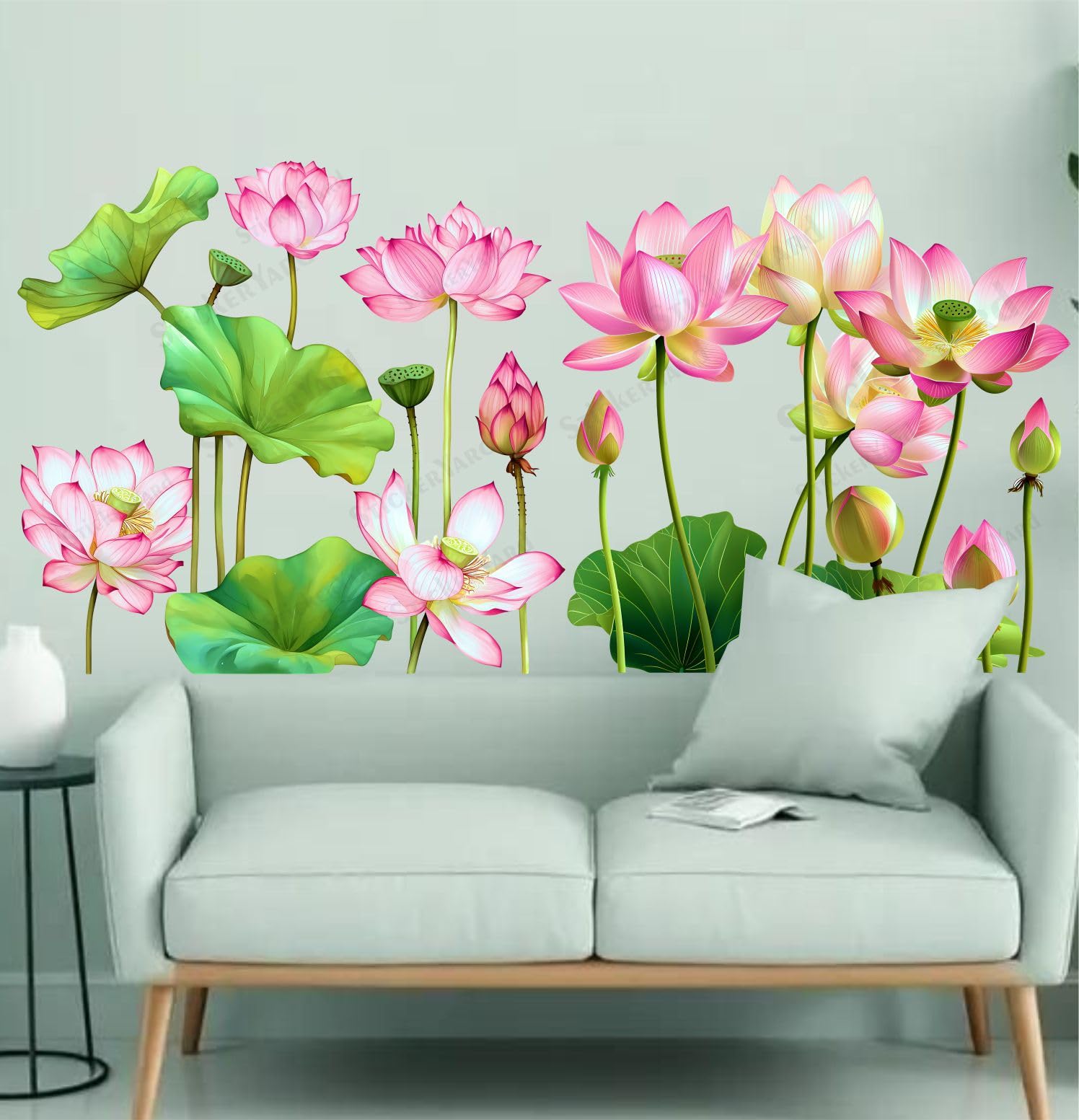 Pink Lotus Flowers with Leaves Wall Sticker Big Size Room Walls Living Bedroom Hall Vinyl Multicolor Standard Size 122X60Cm-image-25
