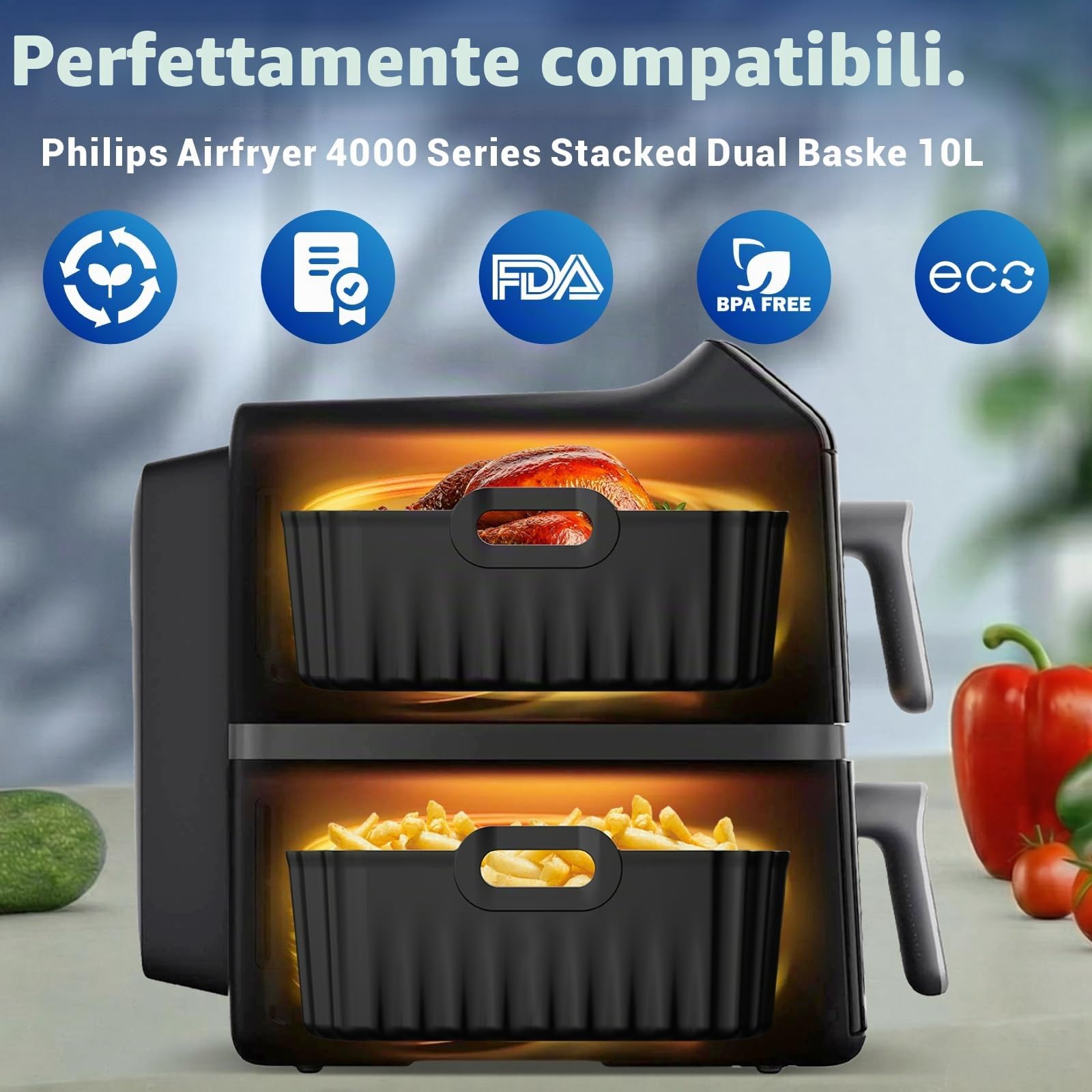 Accessori per friggitrice ad aria calda Philips Airfryer 4000 Series 10L | Stampo in silicone per friggitrice ad aria calda, riutilizzabile, per Philips Stacked Dual Basket Airfryer NA460
