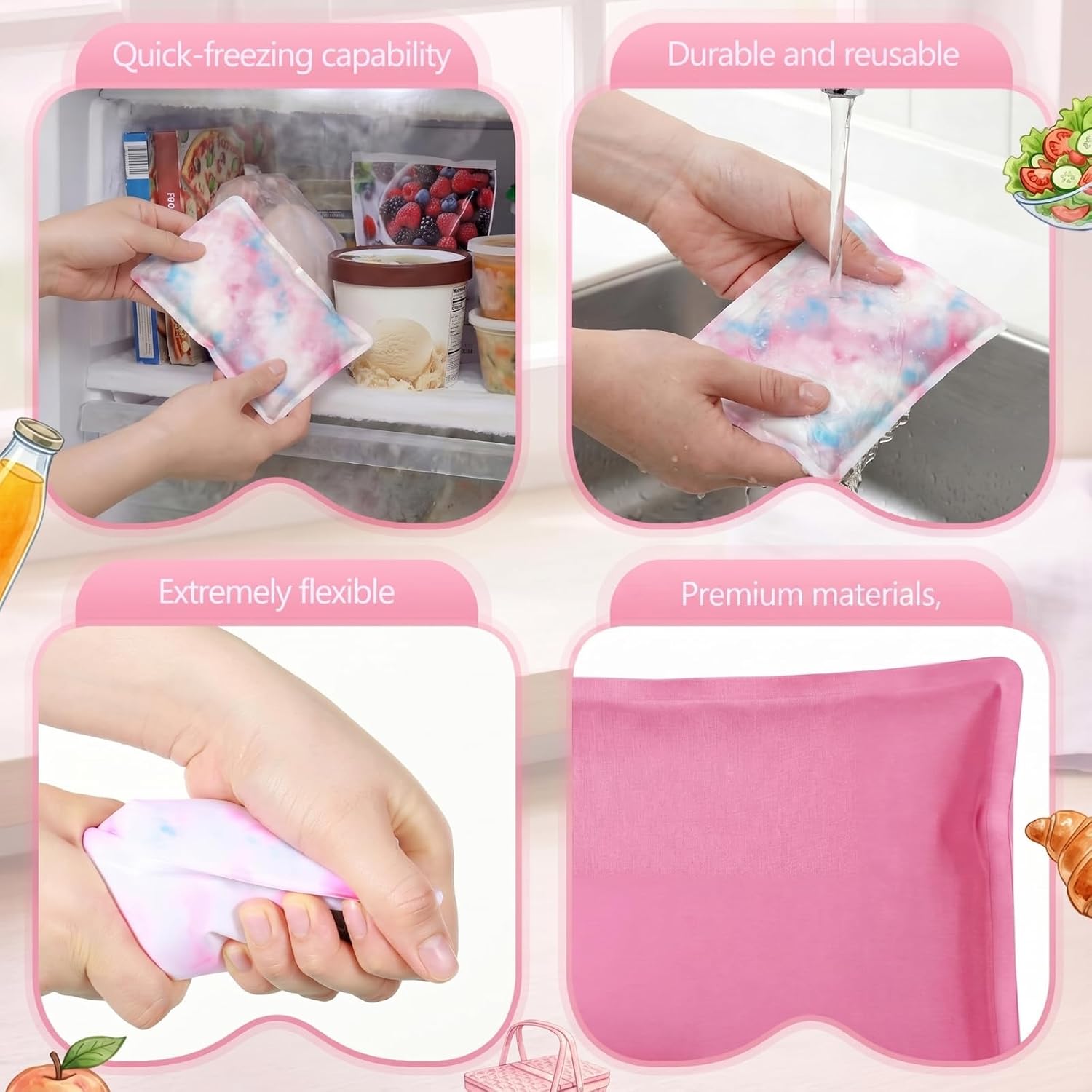 VIHOSE 2 Pcs Soft Ice Packs for Lunch Box Bag Coolers Back to School Reusable Flexible Long Lasting Gel Freezer Packs for Cold Bottle Camping Picnic, Easy to Clean