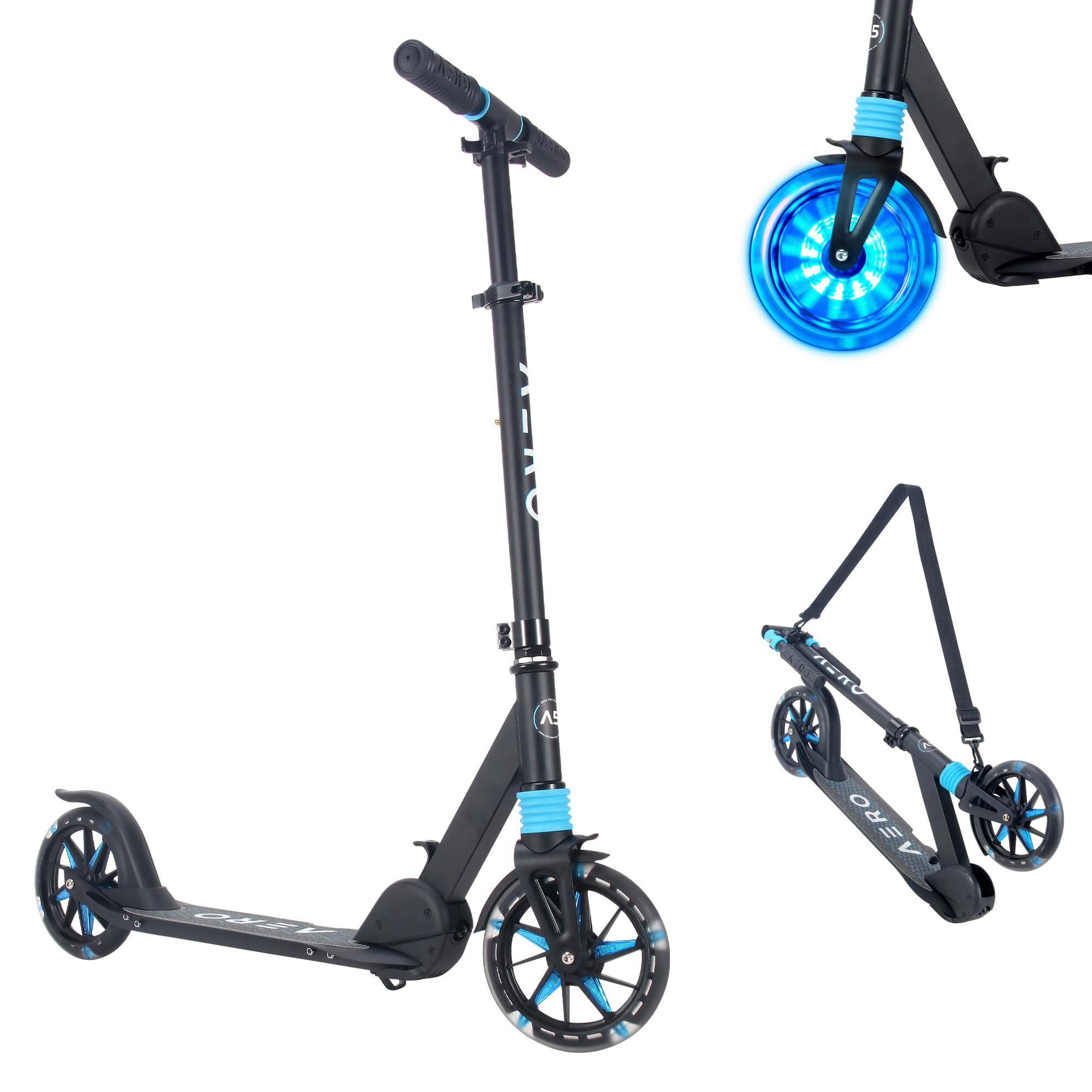 Aero Big Wheels Kick Scooter for Kids 6+, Teens & Adults | Light Up Wheels, Hand Brake, Rubber Deck Mat & Shock Absorption | Foldable & Height Adjustable