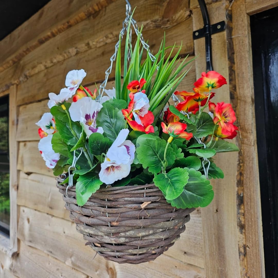 Best Artificial Red And White 30Cm Pansy Flower Display In 10" Rattan Wicker Hanging Basket For Outdoor Garden (Flame Red & White)