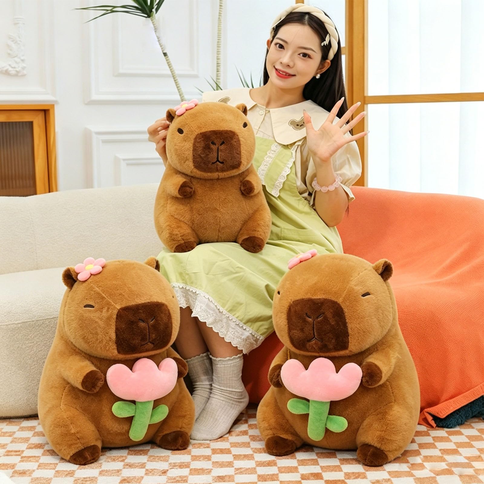Capybara Plüschtier mit Blume, weiches Wasserschwein Kuscheltier, kreatives Stofftier zum Kuscheln, Kinder & Erwachsene (90cm)