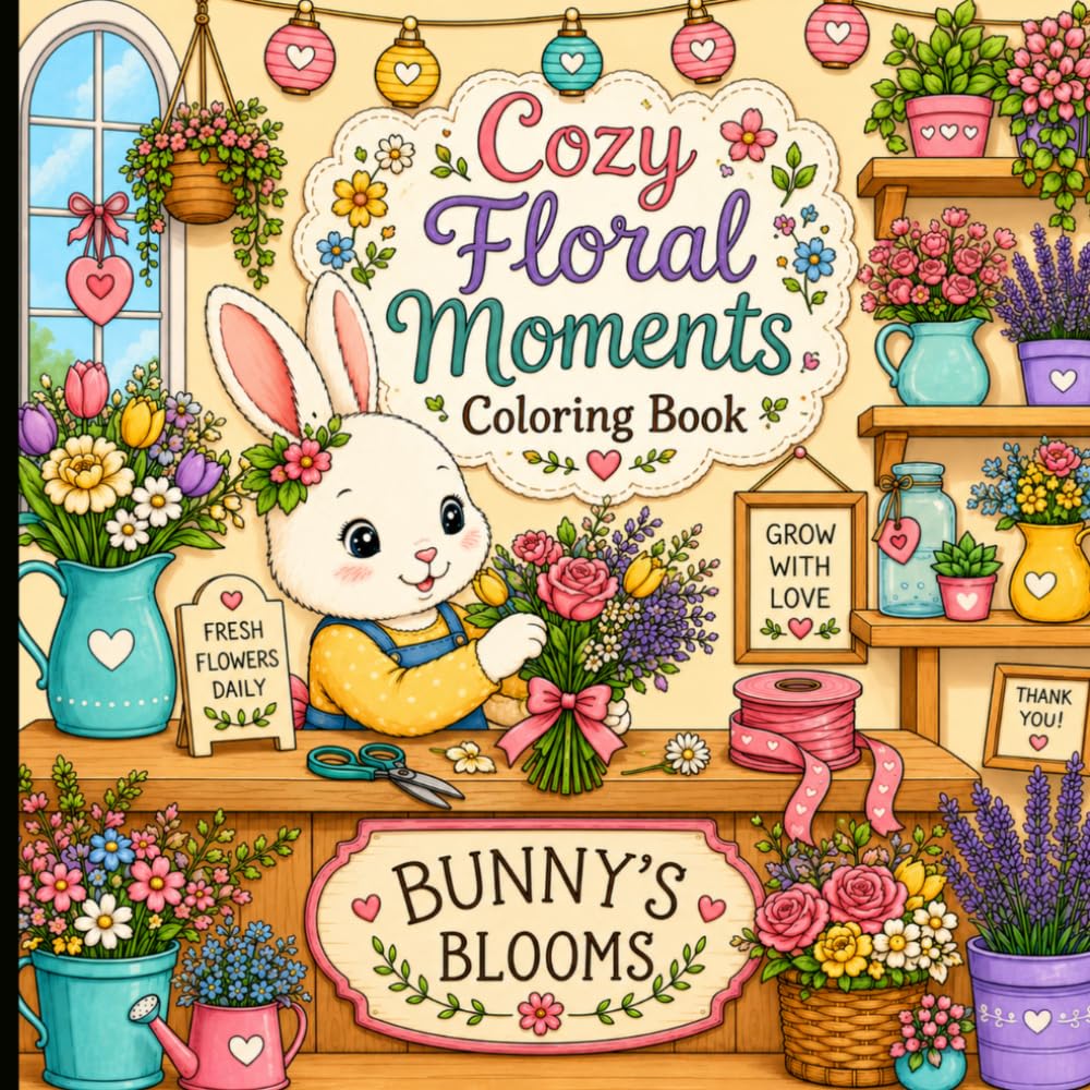 Cozy Floral Moments Coloring Book: Kawaii Animals Exploring Blooming Gardens, Beautiful Flowers, and Cozy Nature Scenes.
