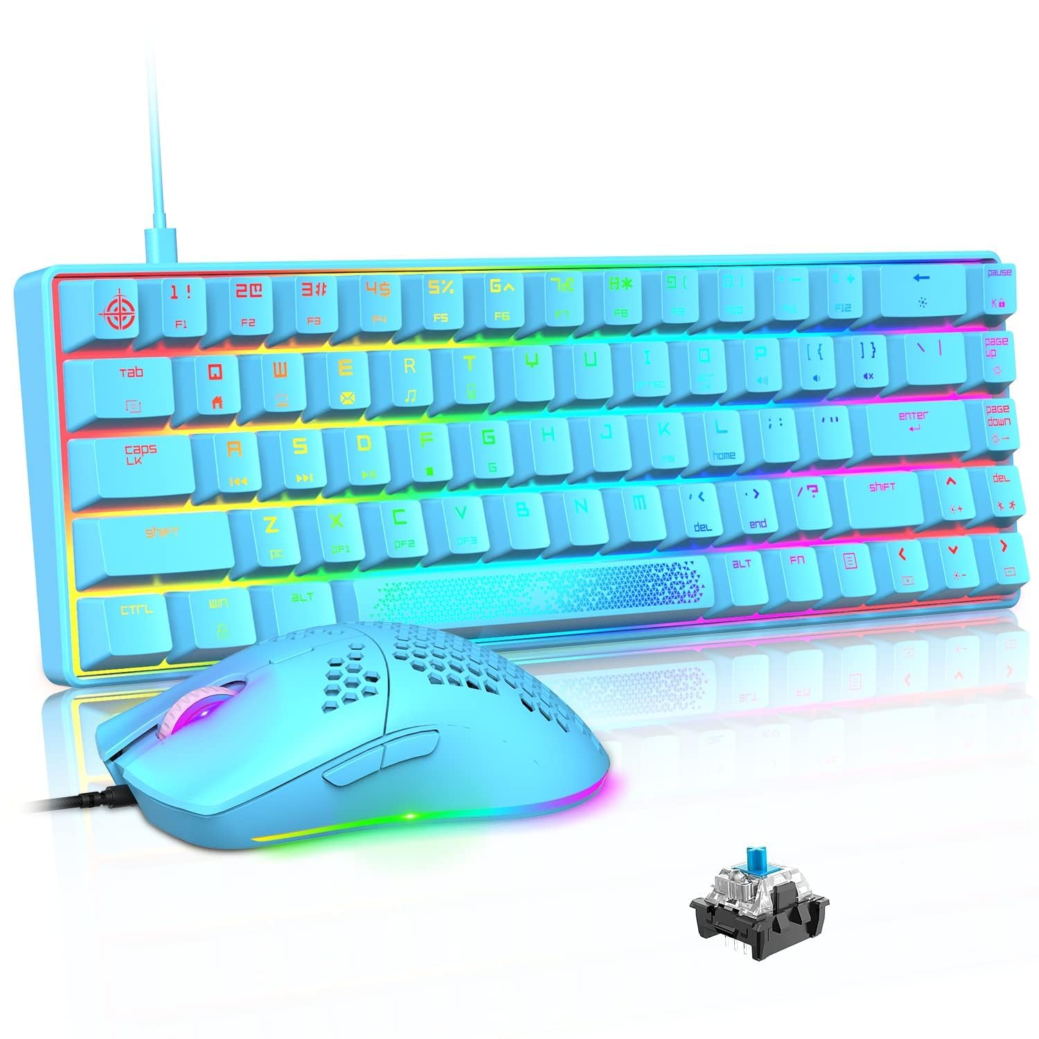 LexonElec KM614 65% Mechanical Gaming Keyboard and Mouse Combo,LED RGB Backlit,Compact Wired Type C Keyboard,12000 DPI Honeycomb Light up Mice for PC Mac Office Gamers-Blue with Blue Switch