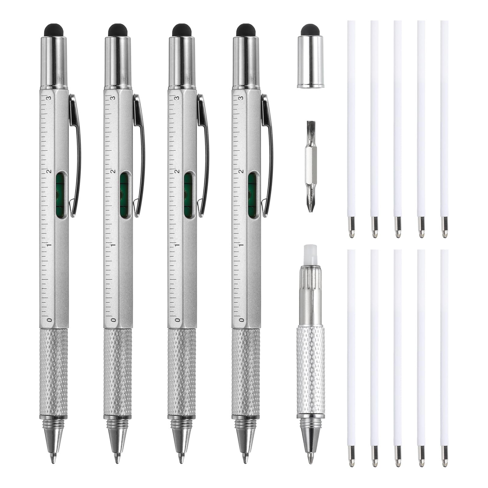 MECCANIXITY 4pcs 6 in 1 Multitool Tech Tool Pen Gifts for Men with Ballpoint Pen, Ruler, Screwdriver, Stylus, Level Gauge, Refills for Christmas