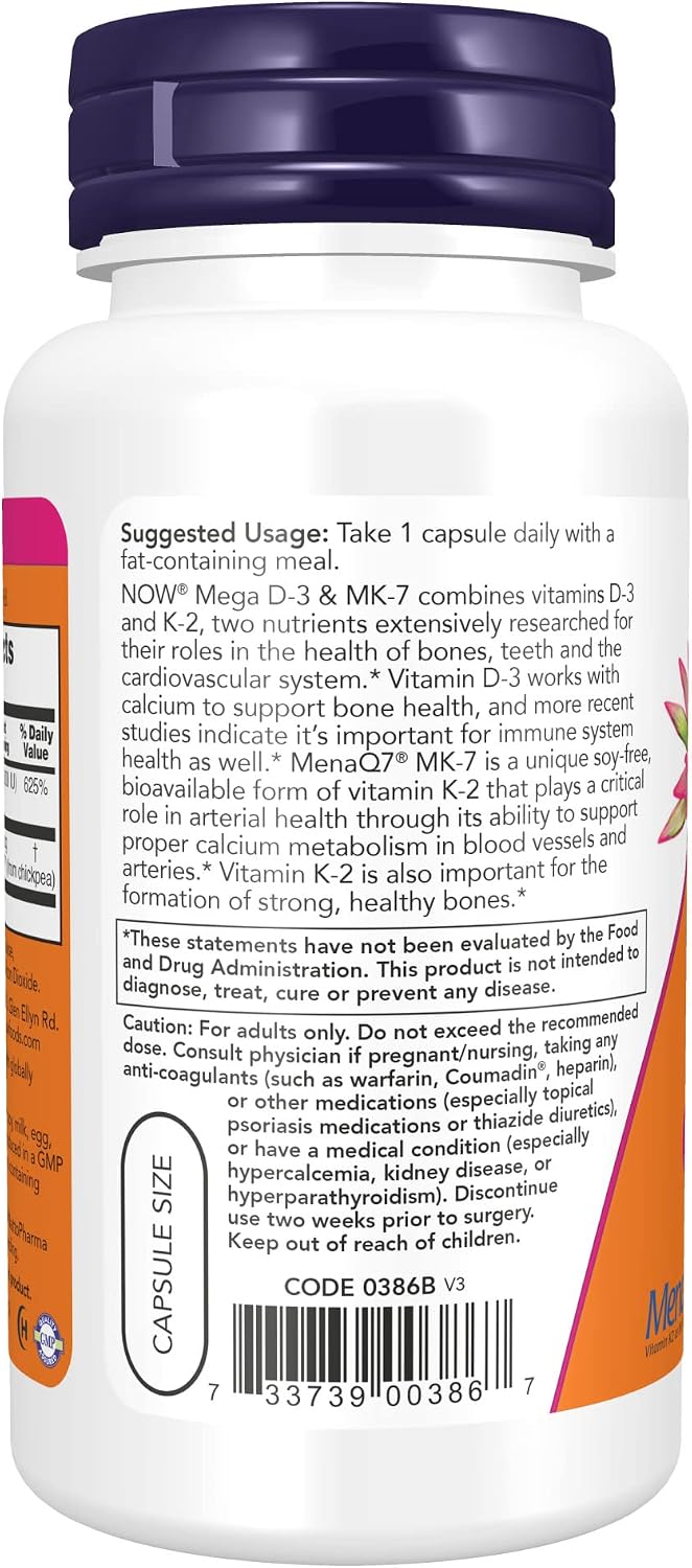 NOW Supplements, Mega D-3 & MK-7, 5000 IU / 180 mcg, Bone & Cardiovascular Support*, Vitamins K-3 & K-2, 120 Capsules