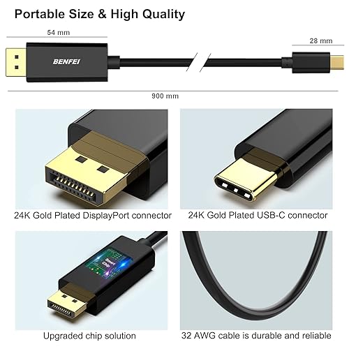 Miniatura 7 de BENFEI Cable USB C a DisplayPort de 3 pies (4K a 60 Hz 2K a 144 Hz), adaptador USB tipo C a DP compatible con Thunderbolt 34 con iPhone 15 ProMax,