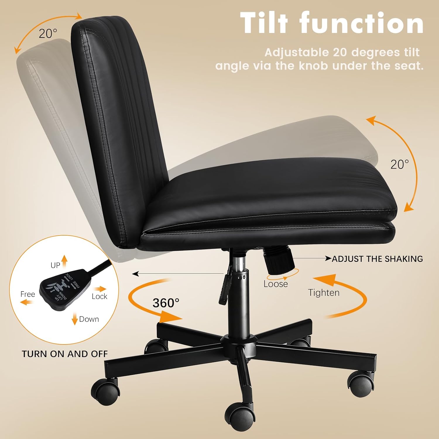 LEMBERI Armless Office Desk Chair with Wheels,Faux Leather Cross Legged Wide Chairs, Mid Back Swivel Computer Task Chairs for Home Office,Make Up,Small Space,Bed Room, Black