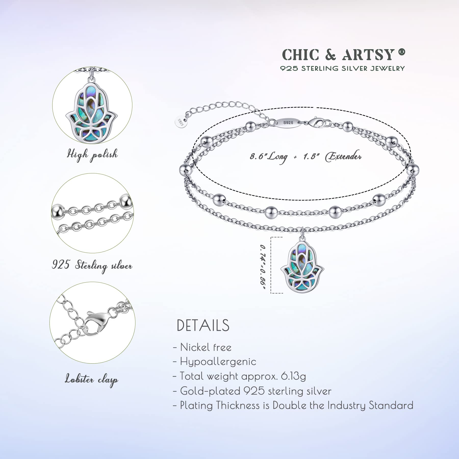 CHIC & ARTSY Dainty Anklets S925 Sterling Silver Summer Layered Anklet Bracelet Adjustable Multilayer Beach Anklet Bracelet Foot Jewelry for Women 10-11 Inches