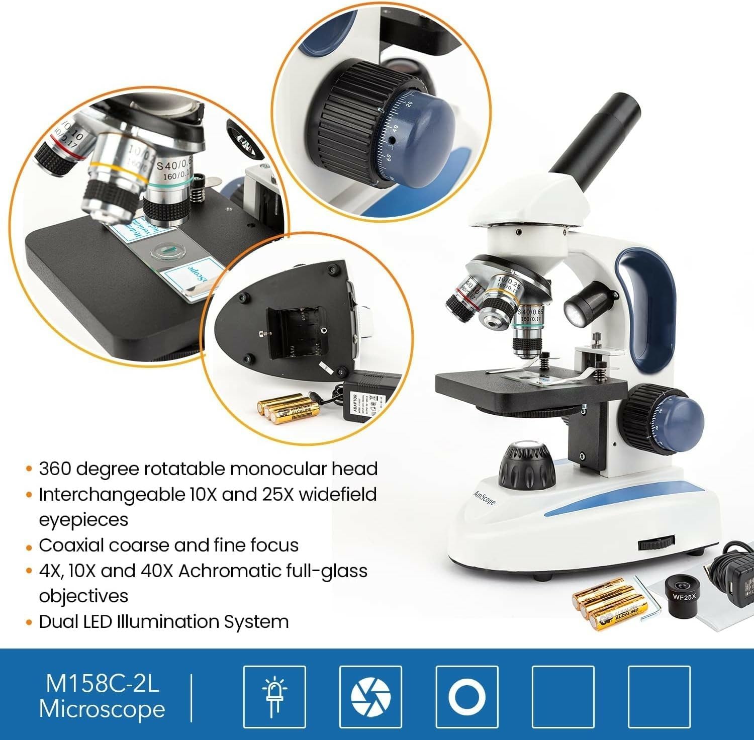 AmScope M158C-2L-E1 Digital Cordless Compound Monocular Microscope, WF10x and WF25x Eyepieces, 40x-1000x Magnification, Upper and Lower LED Illumination with Rheostat, Brightfield, Single-Lens Condenser, Coaxial Coarse and Fine Focus, Plain Stage, 110V or Battery-Powered, Includes 1.3MP Camera and Software