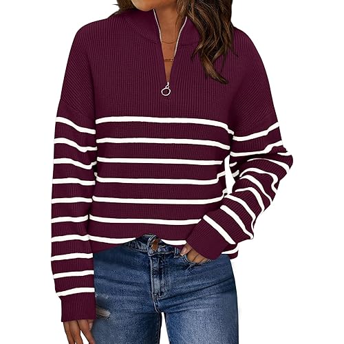 LILLUSORY Women's Quarter Zip Striped Oversized Sweater 2025 Mock Turtleneck Fall Fashion Outfit