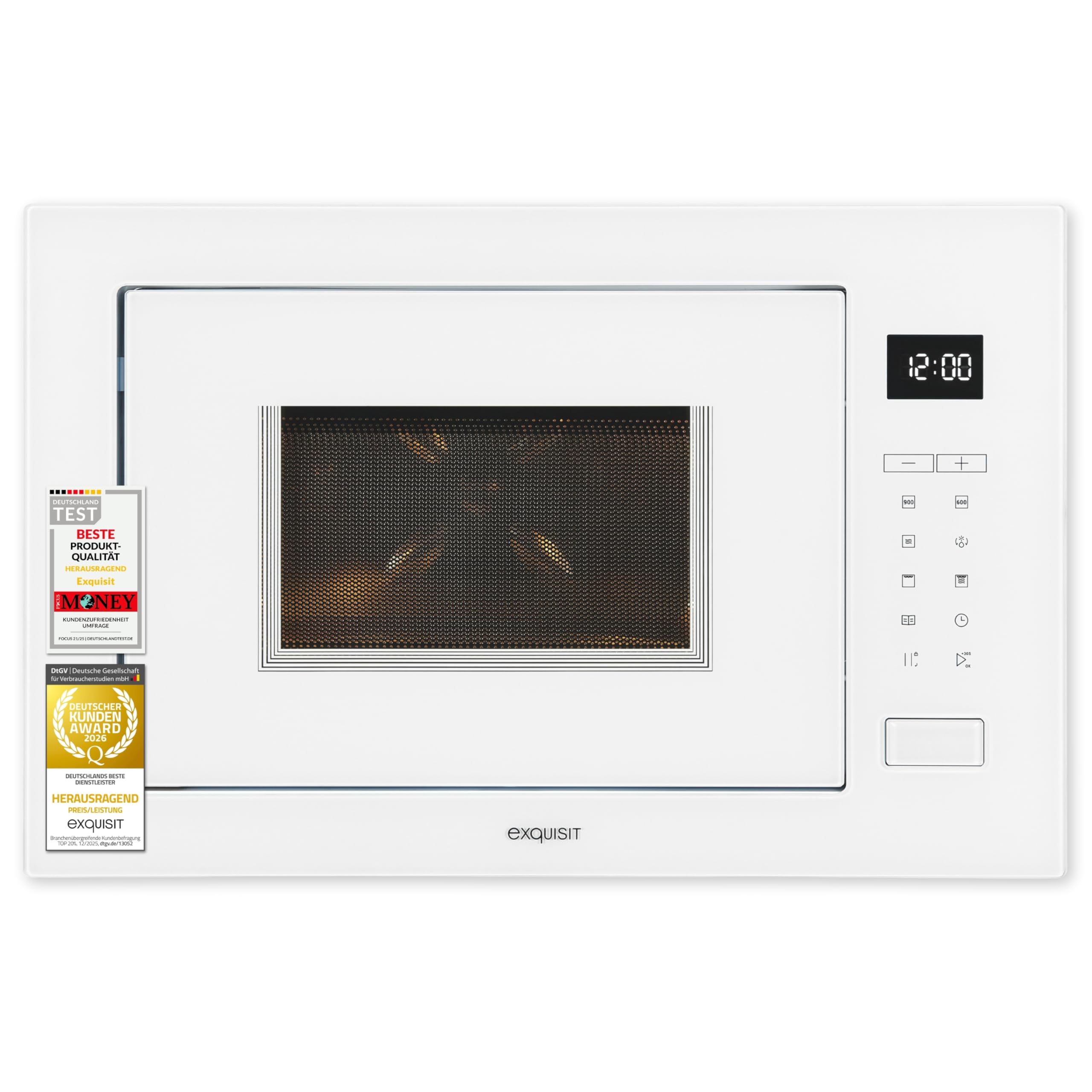 Exquisit Einbaumikrowelle mit Grill, 25 l, 900 W, weiß | Kombination aus Mikrowelle und 1200-W-Grill – 8 Automatikprogramme, Kindersicherung, 9 Leistungsstufen