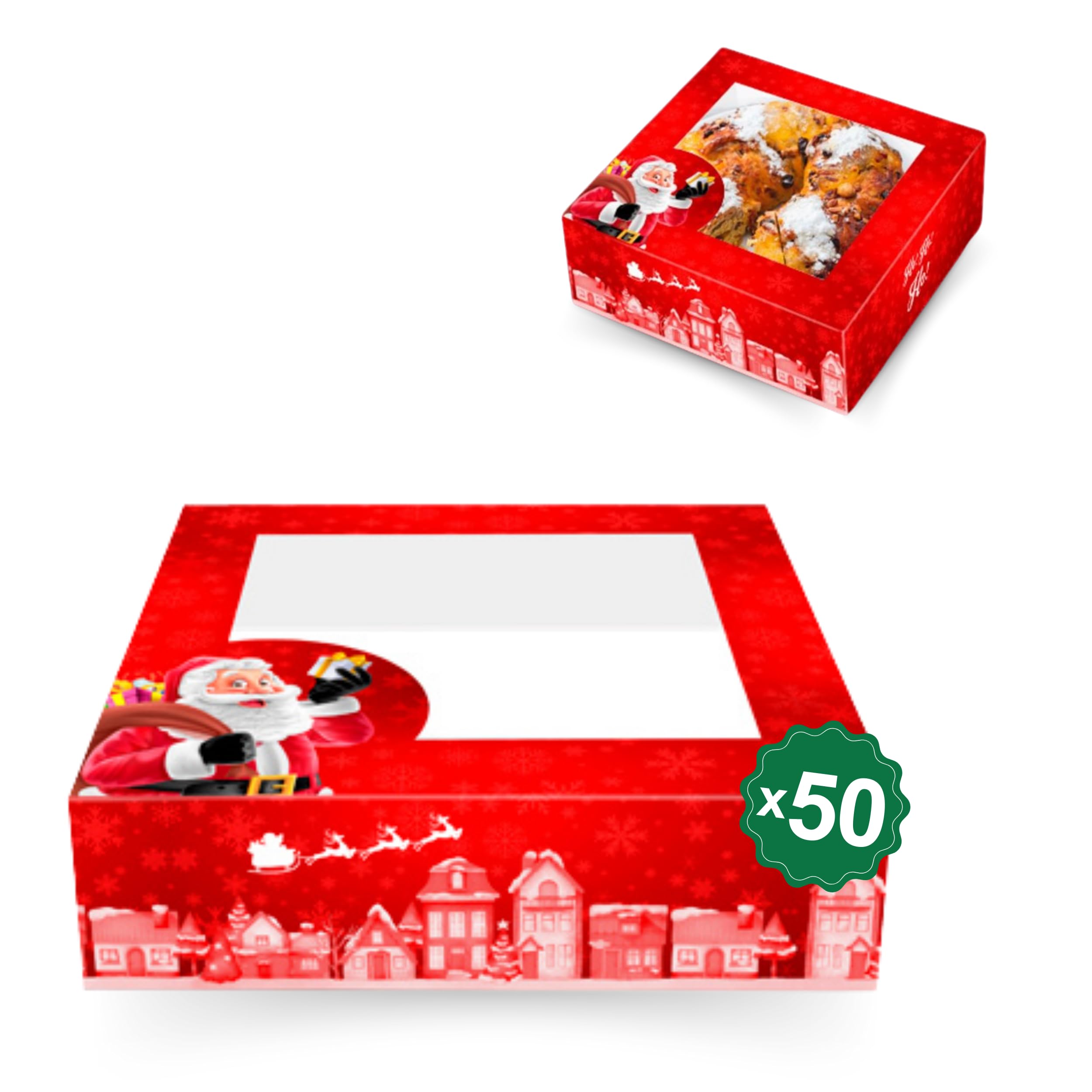 Espirito Rebelde 50 cajas de cartón para tartas con ventana (24 x 24 x 7,5 cm) – Diseño de Navidad, caja de panadería – Cajas para tartas de Navidad, galletas, magdalenas
