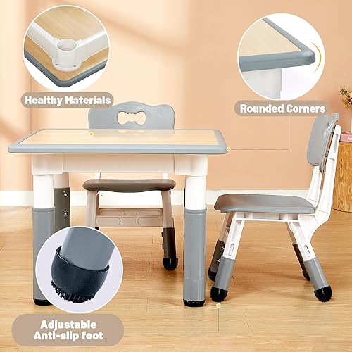 Miniatura 5 de FUNLIO Juego de mesa y 2 sillas para niños de 3 a 8 años, juego de mesa y sillas para niños pequeños de altura ajustable, fácil de limpiar, mesa de