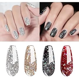 Vishine Glitter Gel Nail Polish Set - 4PCS 8ml Sparkle Red Black Gold Silver Shinning Colors UV LED Soak Off Gel Polish Collection Long-lasting Salon DIY Manicure 8ml C020