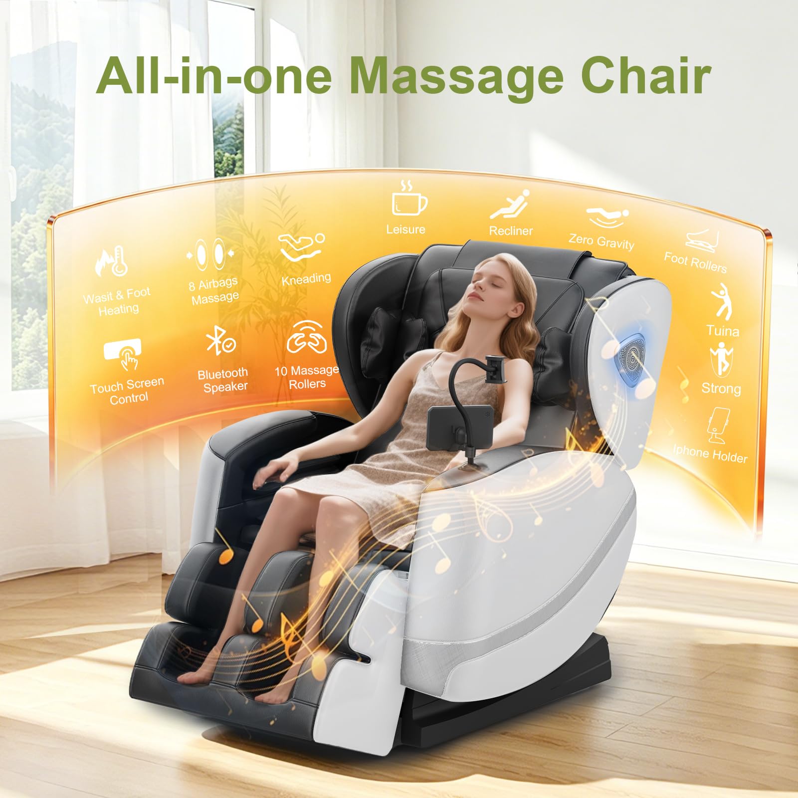 F FURNIMAT Massagesessel, Ganzkörper-Massagestuhl mit 14 Rollen, 8 Komfort-Luftkissen & Zero Gravity– Bluetooth Lautsprecher, Touchscreen, Handyhülter, Wärme für Lenden und Beine