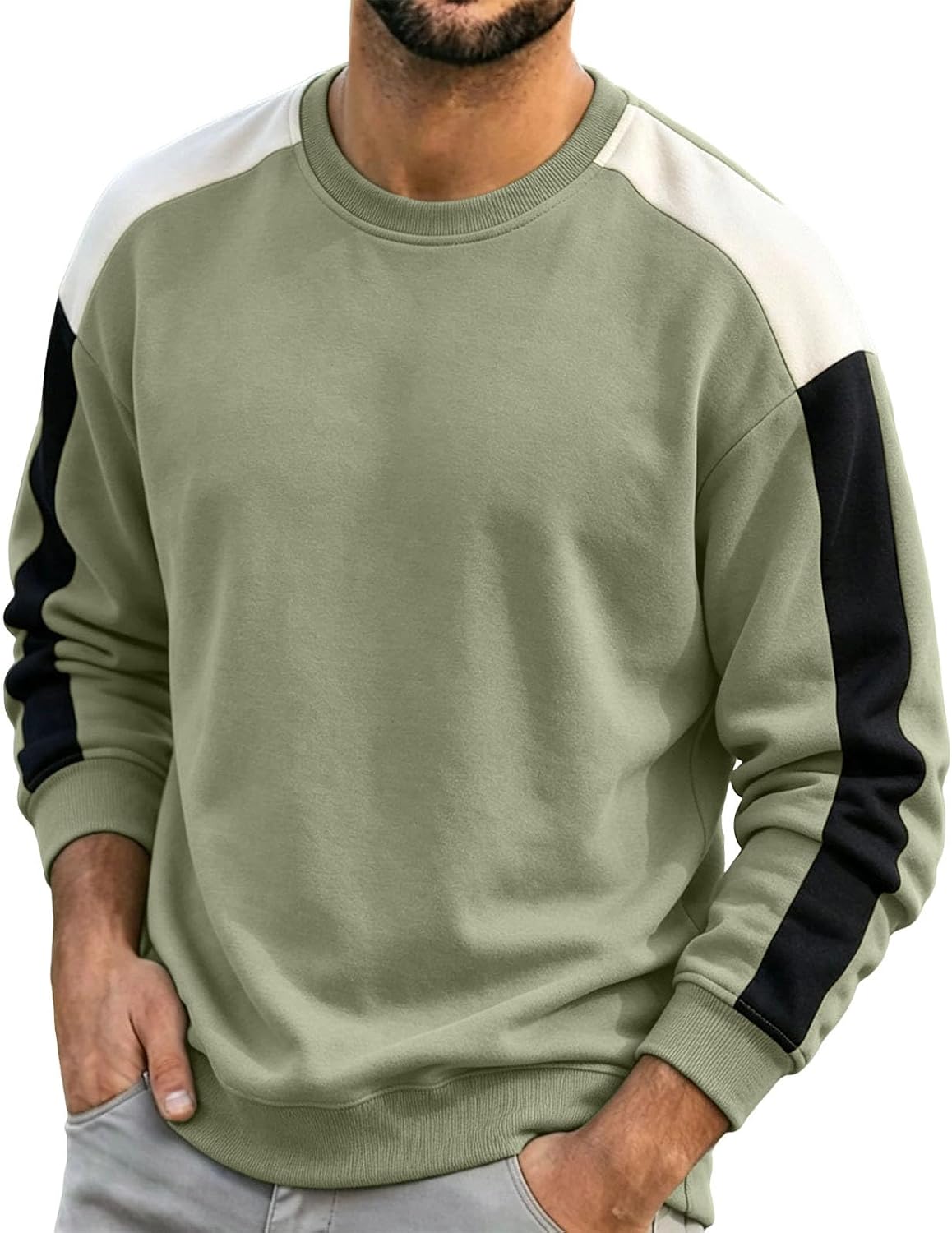 Men's Crew Neck Color‑Block Shirt Raglan Loose Fashion Pullover Top