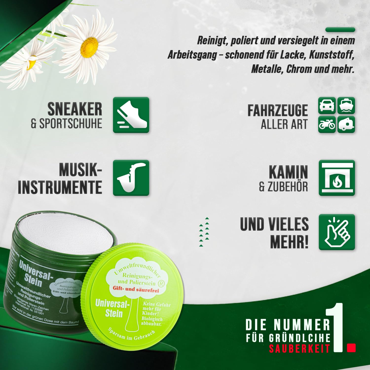 Zielinsky Universal-Stein, grüner Stein, Putzstein, Reinigungsstein - Haushaltsdose, 1er Pack (1 x 900 g + 2 gratis spezial Schwämme)