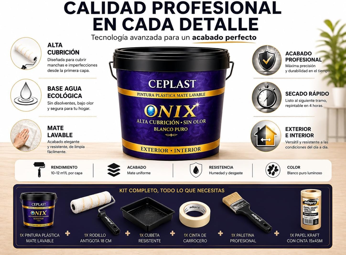 CEPLAST Kit Completo de Pintura ONIX Blanco 4L para Interior – Sin Olor, Alta Cobertura, con Rodillo, Cubeta, Papel Kraft y Accesorios para Pintar Casa Fácil