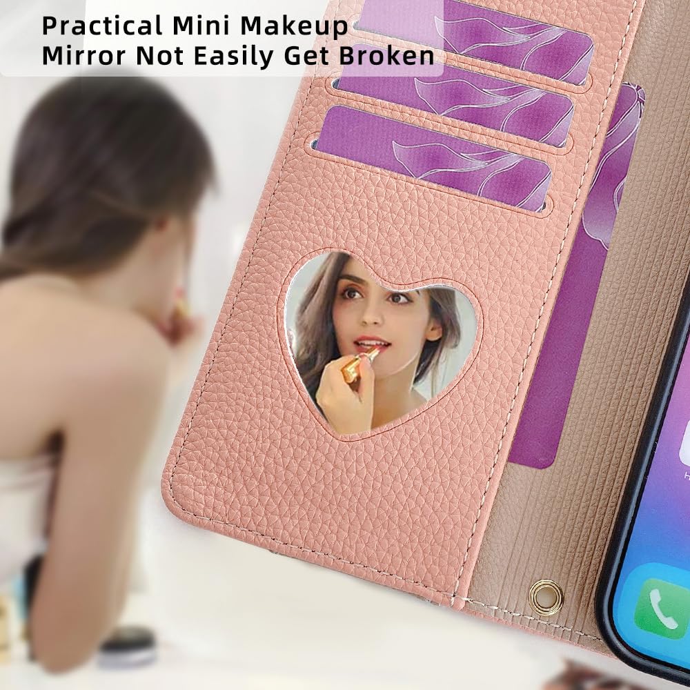 YOUULAR Wallet Case with Crossbody Strap Compatible for Huawei Pura 70 Ultra, Magnetic Handbag Zipper Pocket Cases PU Leather Flip Shockproof Cover with Kickstand Pink