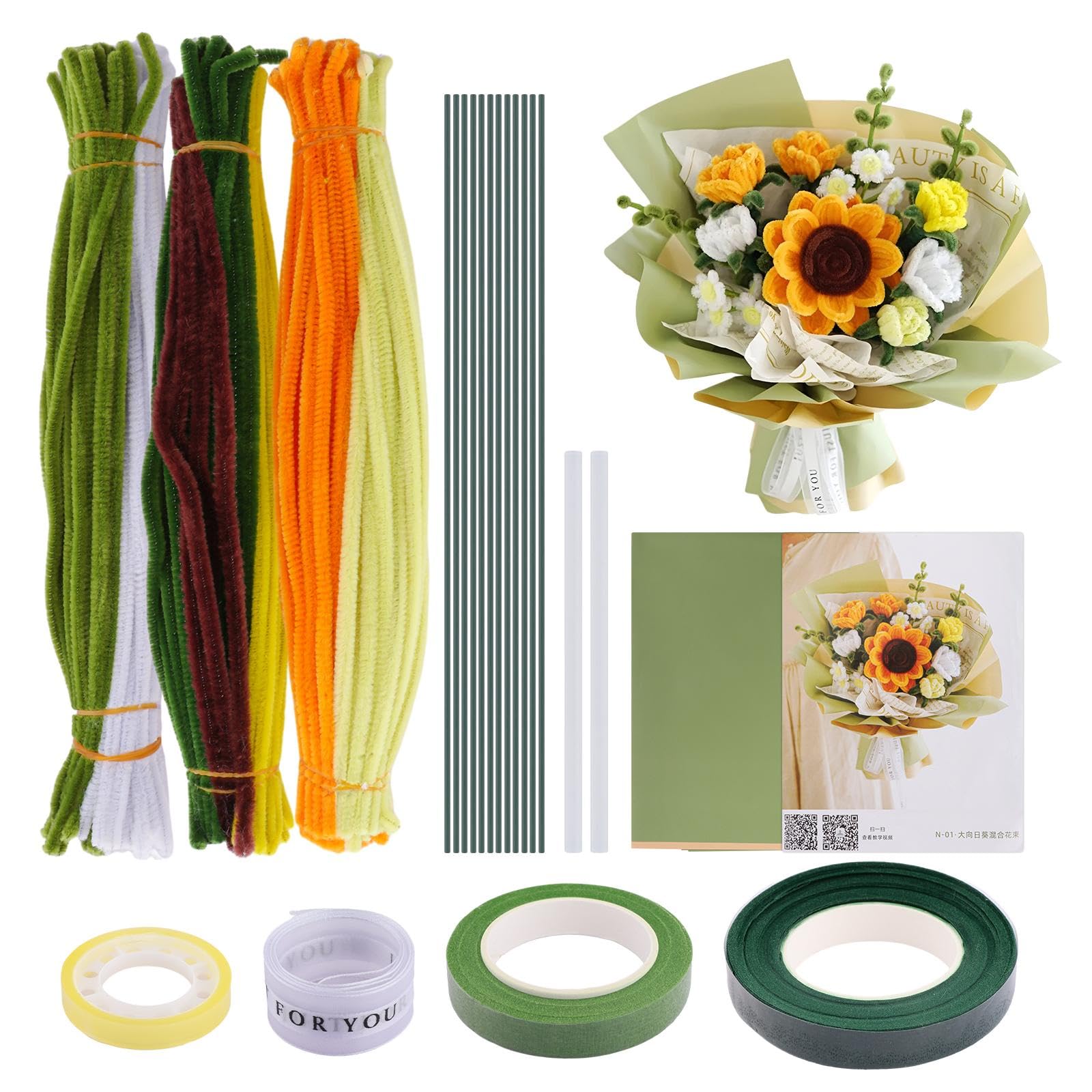 Bouquet Fiori Artificiali Kit Materiali Non Finito Lavorazione Manuale Uncinetto Composizione Floreale Carta Tavolo Centro Adatto per Regali, Girasole