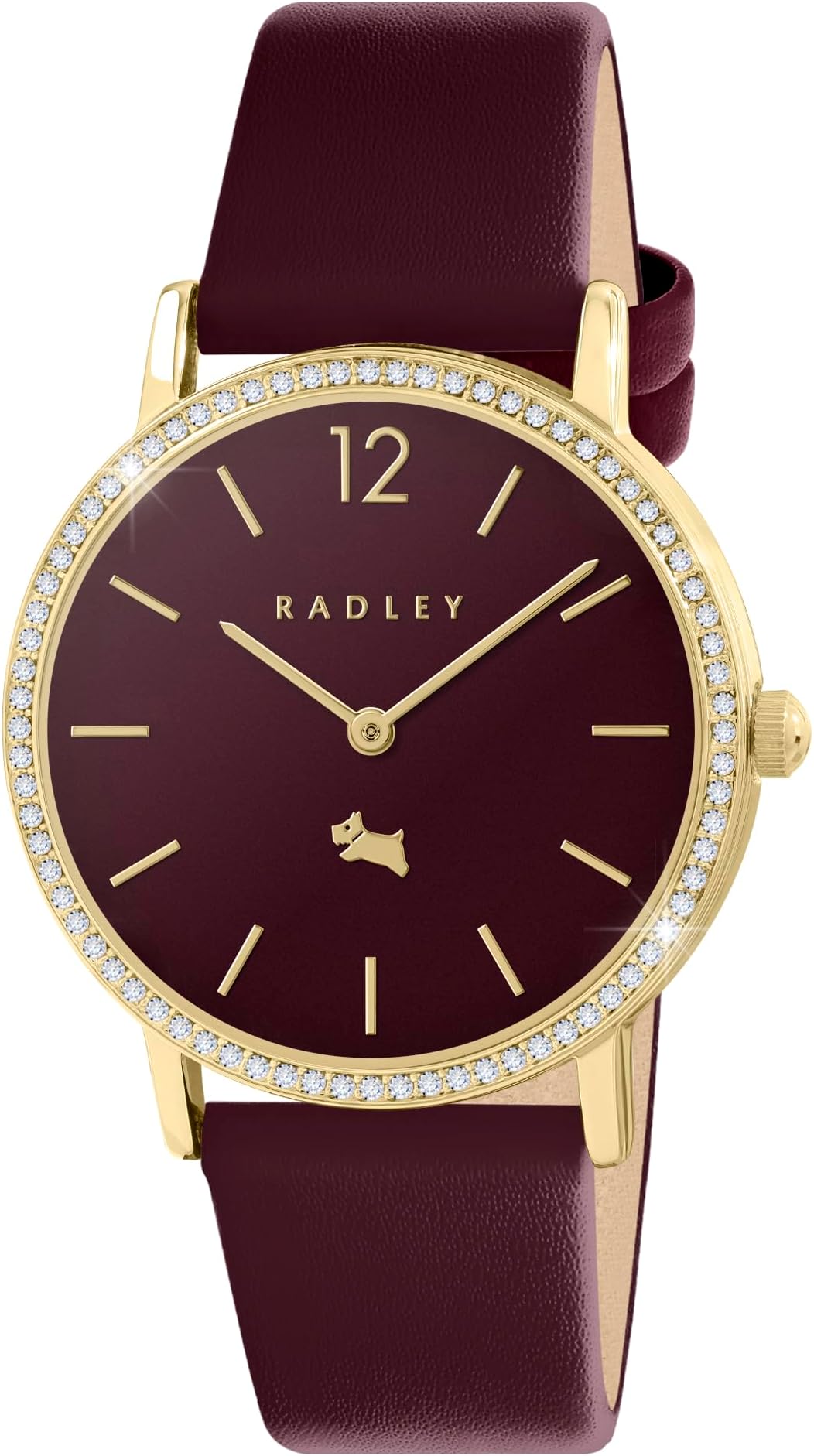 Gold Plated Stone Set Case Iconic Dark Cherry Leather Strap Watch RY21934A