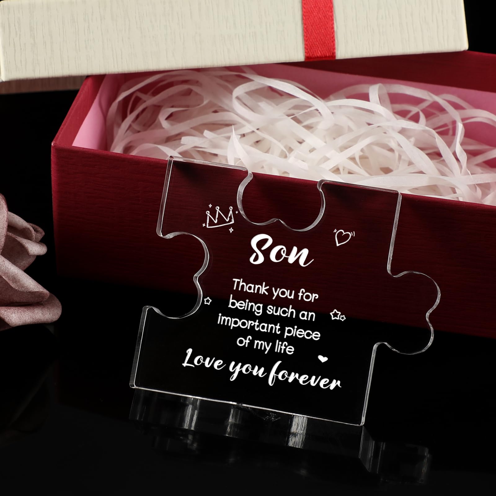 Funnli Gifts for Son from Mom, Fathers Day Graduation Christmas Valentines Day Wedding Easter Gifts for Son Acrylic Puzzle Plaque, Birthday Gifts for Son 3.35 x 2.76 Inch Desk Decorations