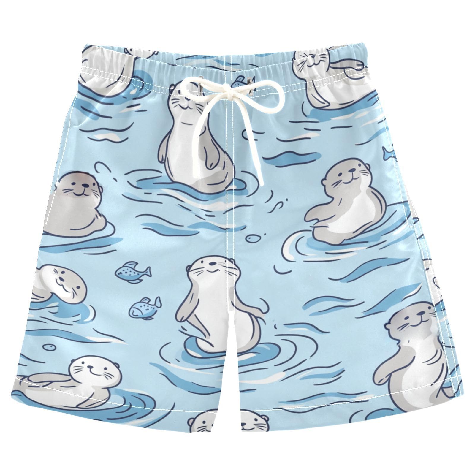 Jucciaco Boys Beach Board Shorts Sea Otters Blue Fish Swim Trunk Teen Swimwear