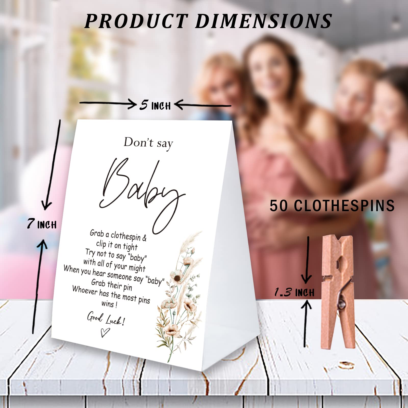 Don't Say Baby Game For Baby Shower - Includes 5x7 Kraft Sign & 50 Natural Wood Clothespins, Gender Neutral