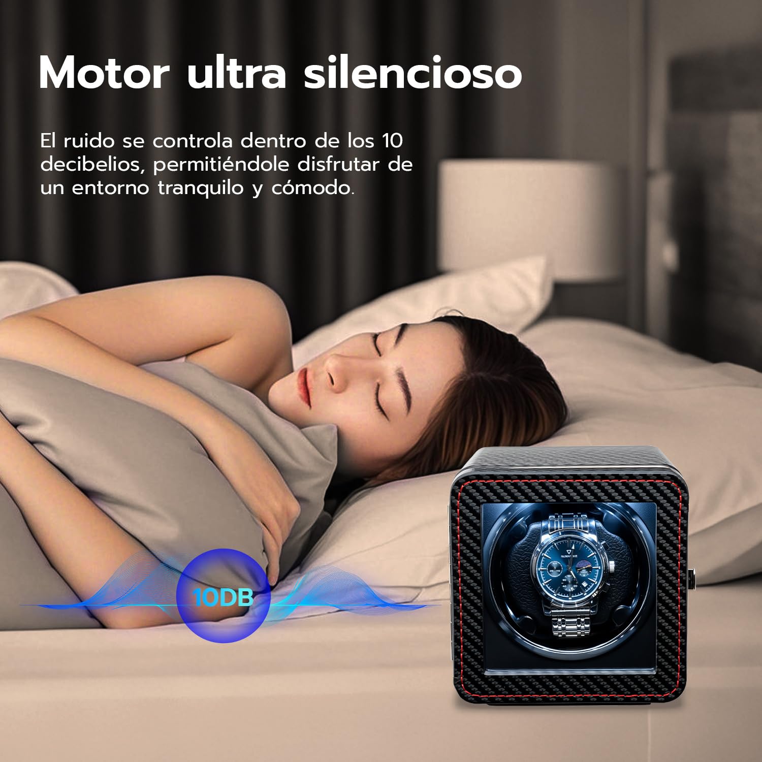 Mcbazel Enrollador de Relojes Automático con Luz LED – Watch Winder Caja Giratoria para un Solo Reloj, Motor Silencioso, 4 Modos de Rotación, Caja de Reloj en Piel PU - Fibra de Carbono