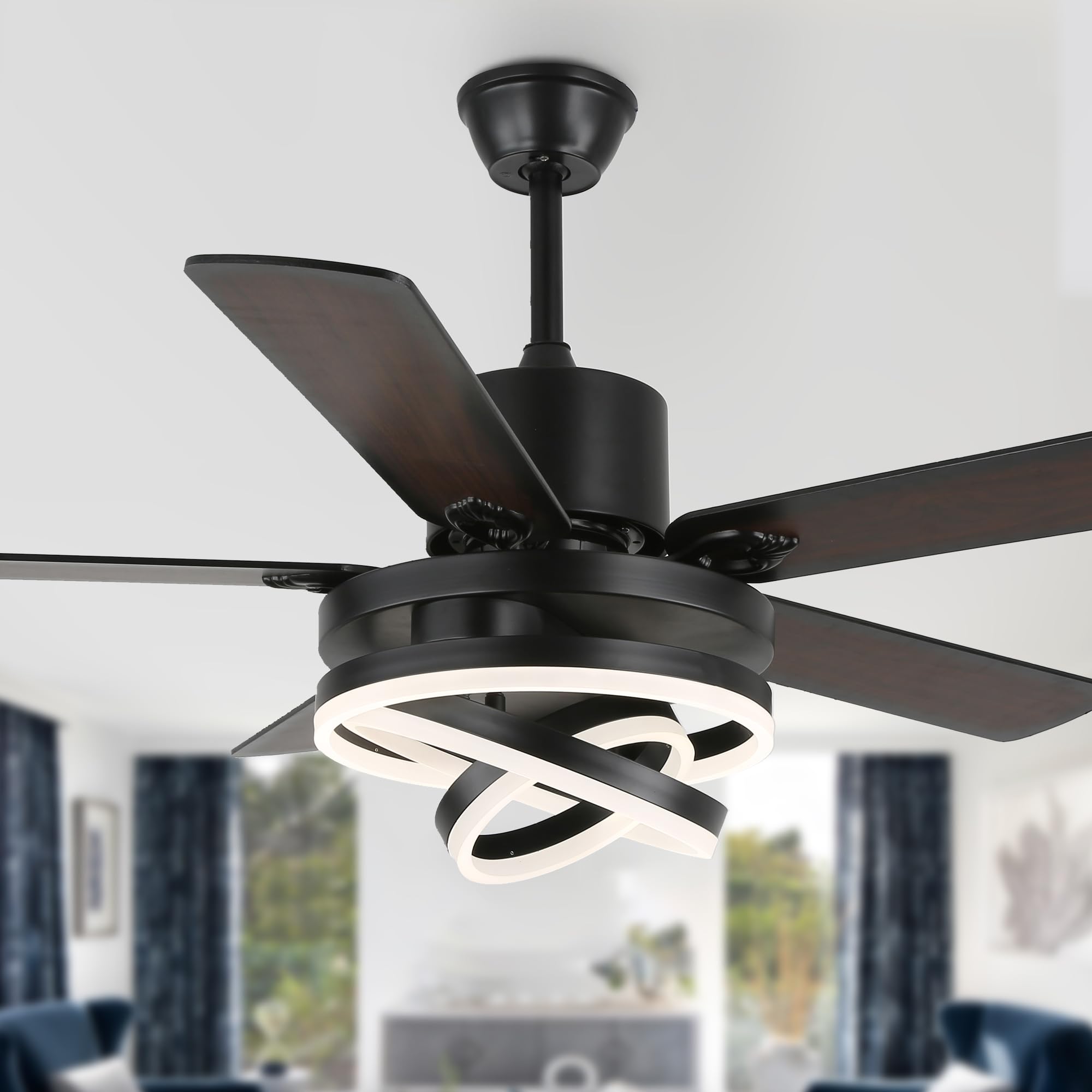 Bella Depot 52 Inch Black Ceiling Fan with Light, Reversible Blades, LED Light, Remote Control, Quiet Motor, Modern Ceiling Fan for Living Room, Bedrooms, Offices (Black)