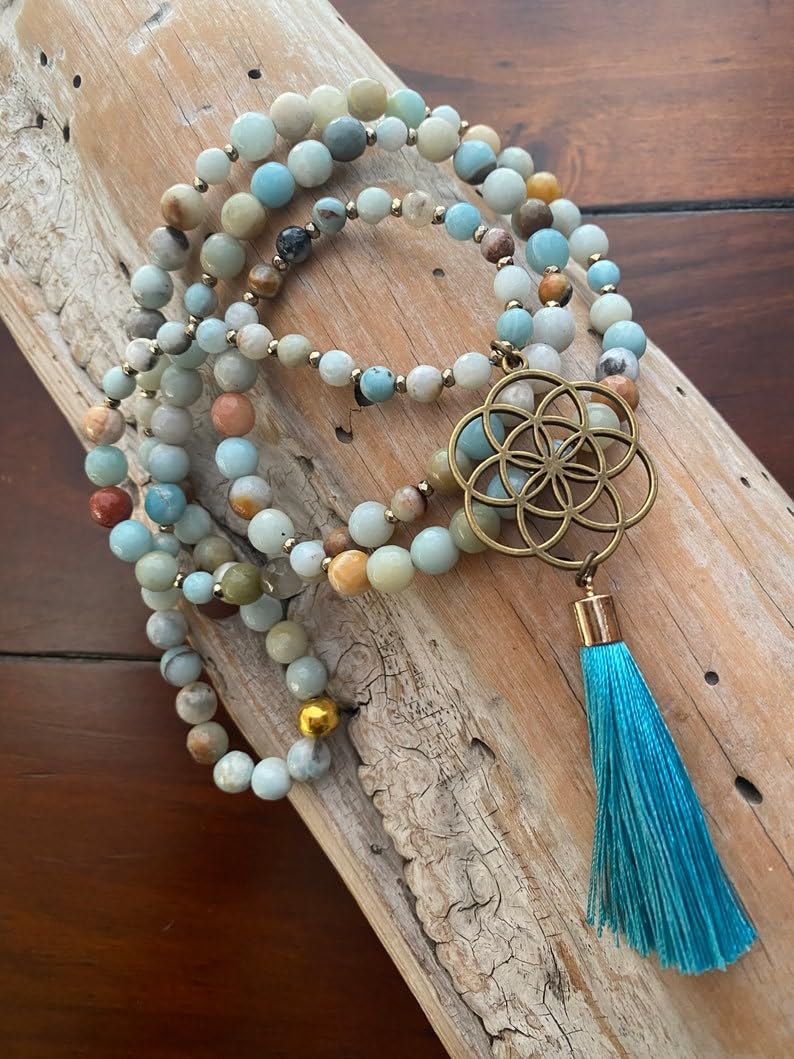 AMAZONITE - Cuentas de piedra Mala, collar de 108 mala, nudo mala, collar WWG, joyería de yoga, cuentas de meditación, joyería espiritual, joyería bohemia, 34inch, Gema