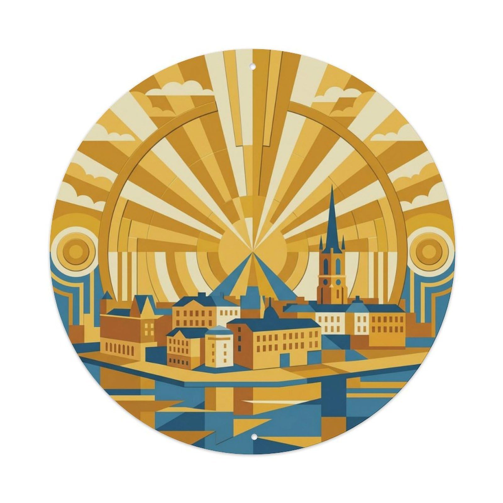 Stockholm Radiant Cityscape Travel Metal Tin Sign Plaque Wall Decor for Cafe, Club Bar, Office, Home Garden Round Metal Poster 8x8Inch