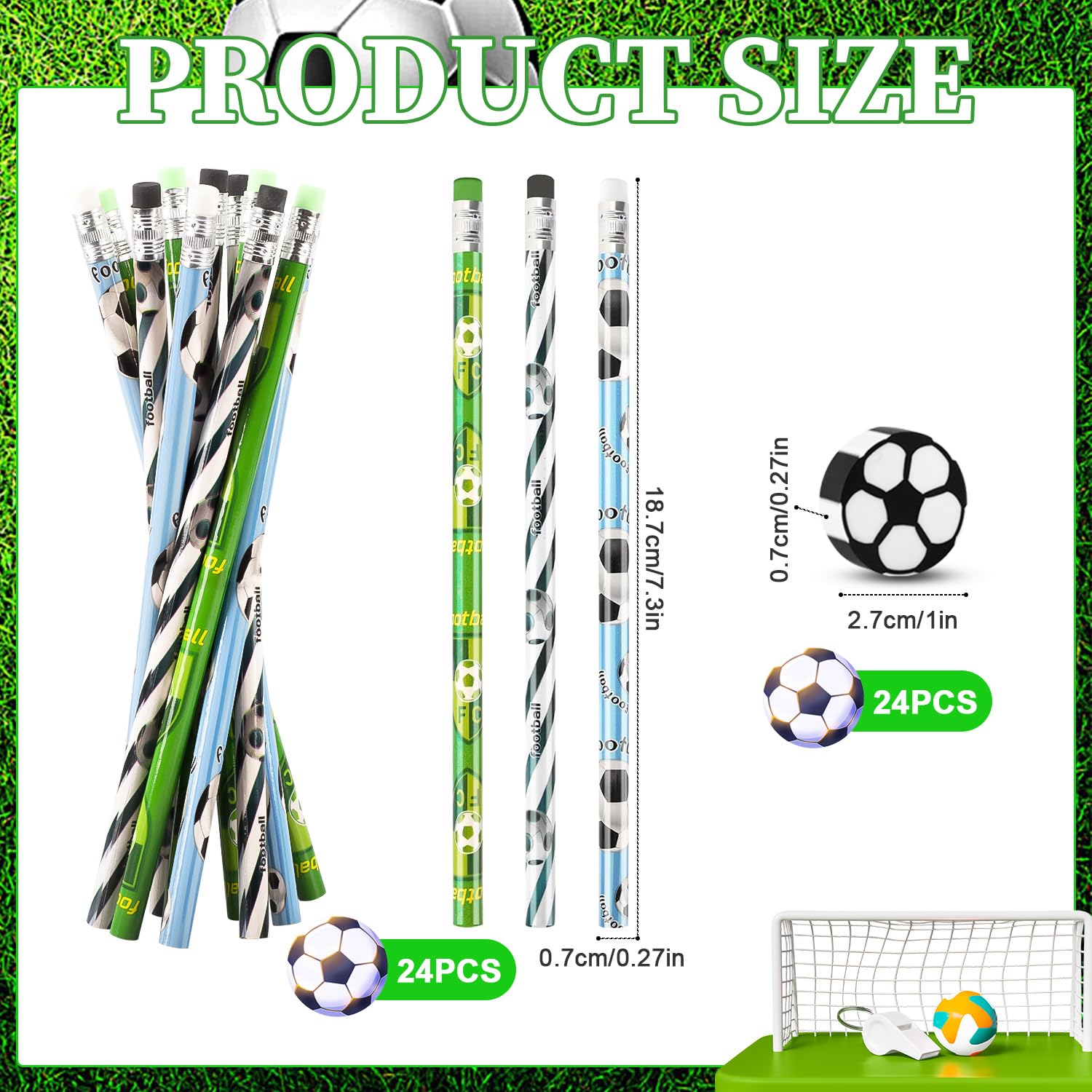 48 Pezzi Festa Tema Calcio 24 Matite da Calcio e 24 Gomme Calcio, Perfetti Come Regali per i Bambini per Compleanni a Tema Calcio o per Feste, Set di Cancelleria a Tema Calcio - 2