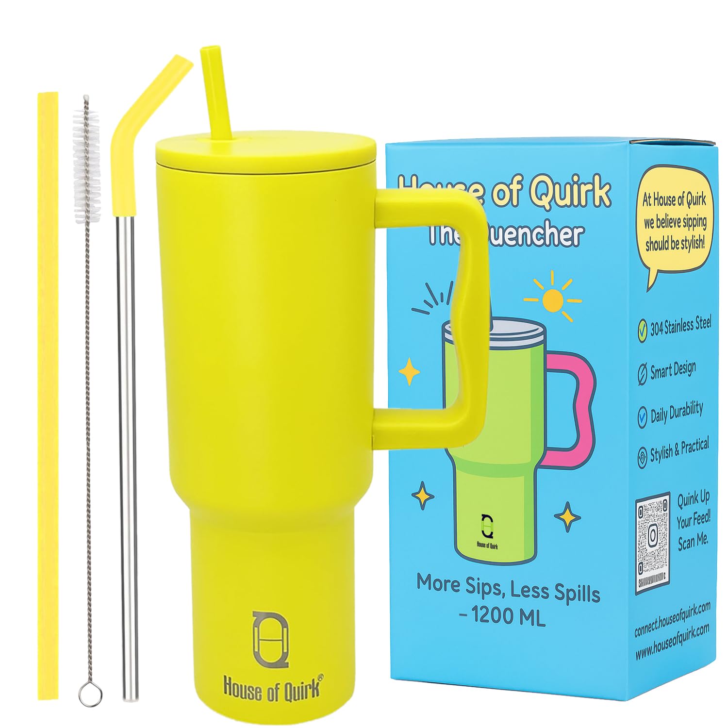 House of Quirk 1200ML Stainless Steel Tumbler with Handle & Lid, 2 Straws – Large Travel Mug Water Cup for Gym, Office & Outdoor Use (Electric Lime)