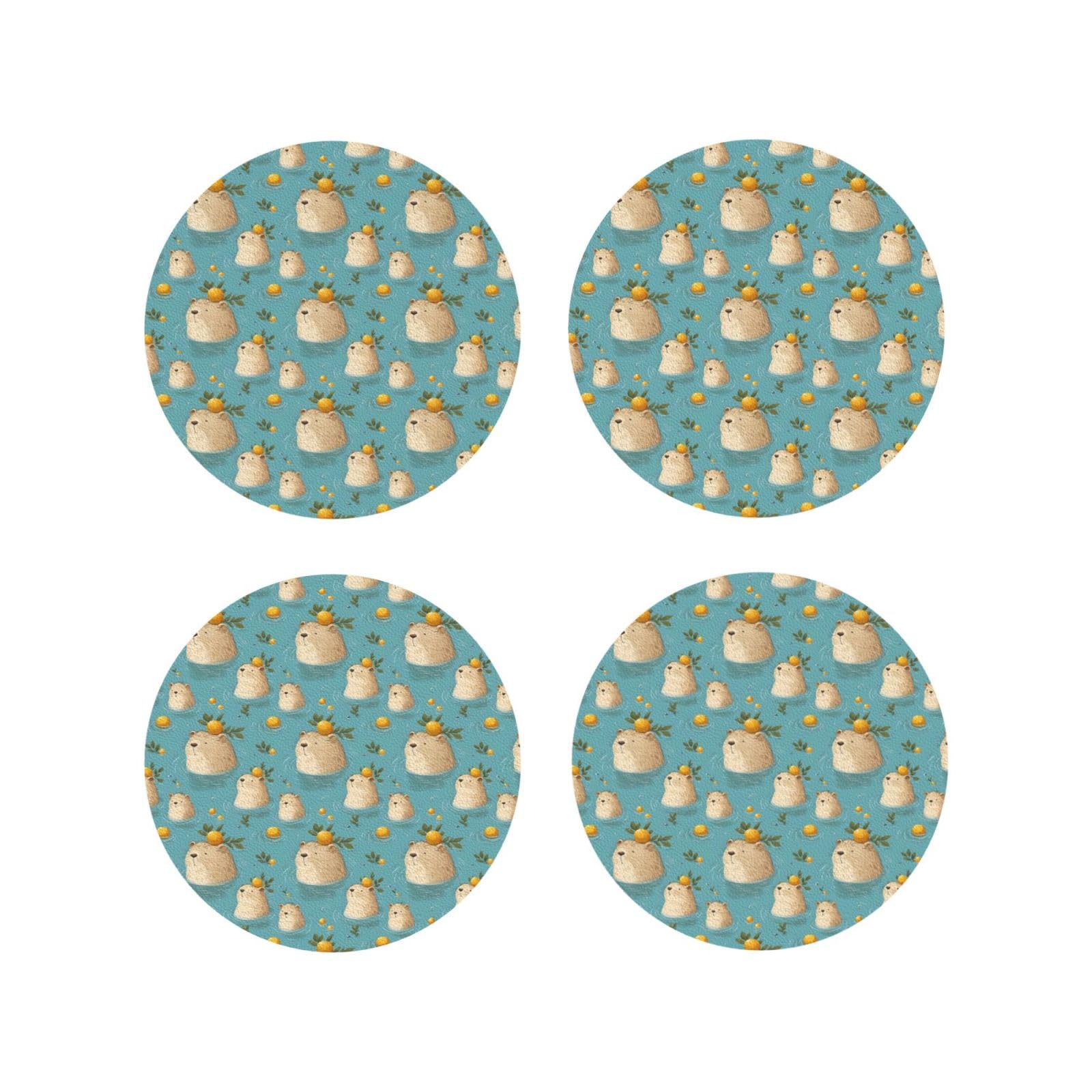 Smazdfxx Women's As Pic Leather Coasters Set Of 4 - Cute Lemon Capybara Print Lightweight Drink Coasters For Desk