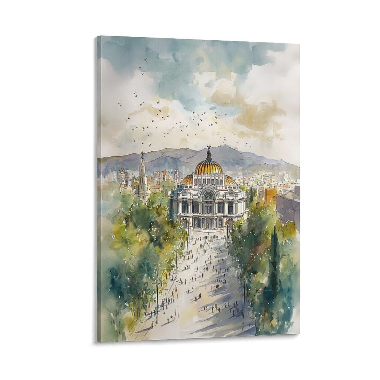 XWYMXZ Mexico City Watercolor Painting 24x36inch(60x90cm) Vintage Travel Poster Watercolor Canvas Art