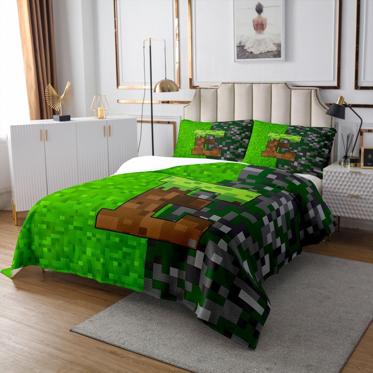 Pixelated Alphabet Gamepad Kids Bedspread Twin Size,Letter E Video Games Geometric Grids Coverlet Set,Room Decor,Square Abstract Plaid Patchwork Quilted Coverlet,Green Gray Bedding Quilt,1 Pillowcase