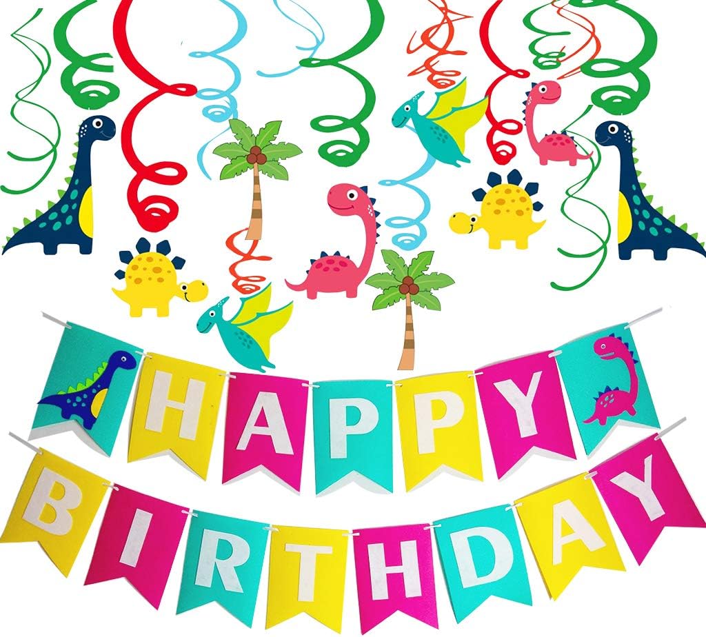 Dinosaur Happy Birthday Banner( Assembled) with Dinosaur Foil Hanging Swirls and Jurassic Dino Cutouts(30pcs),Dinosaur Party Supplies Birthday Decorations,Boy Kids Birthday Party Decoration Background