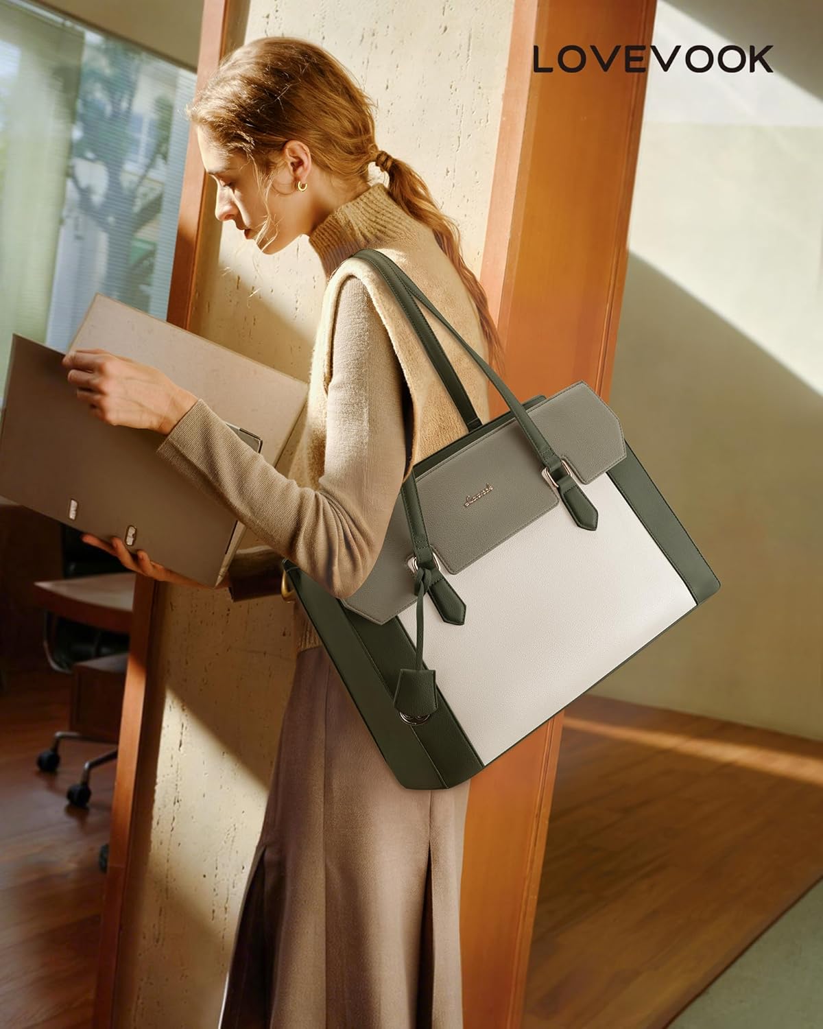 LOVEVOOK Laptop Tote Bag for Women,Computer Work Bag With Large Cup Holder,15.6 Inch Waterproof PU Leather Purse Briefcase for Teacher
