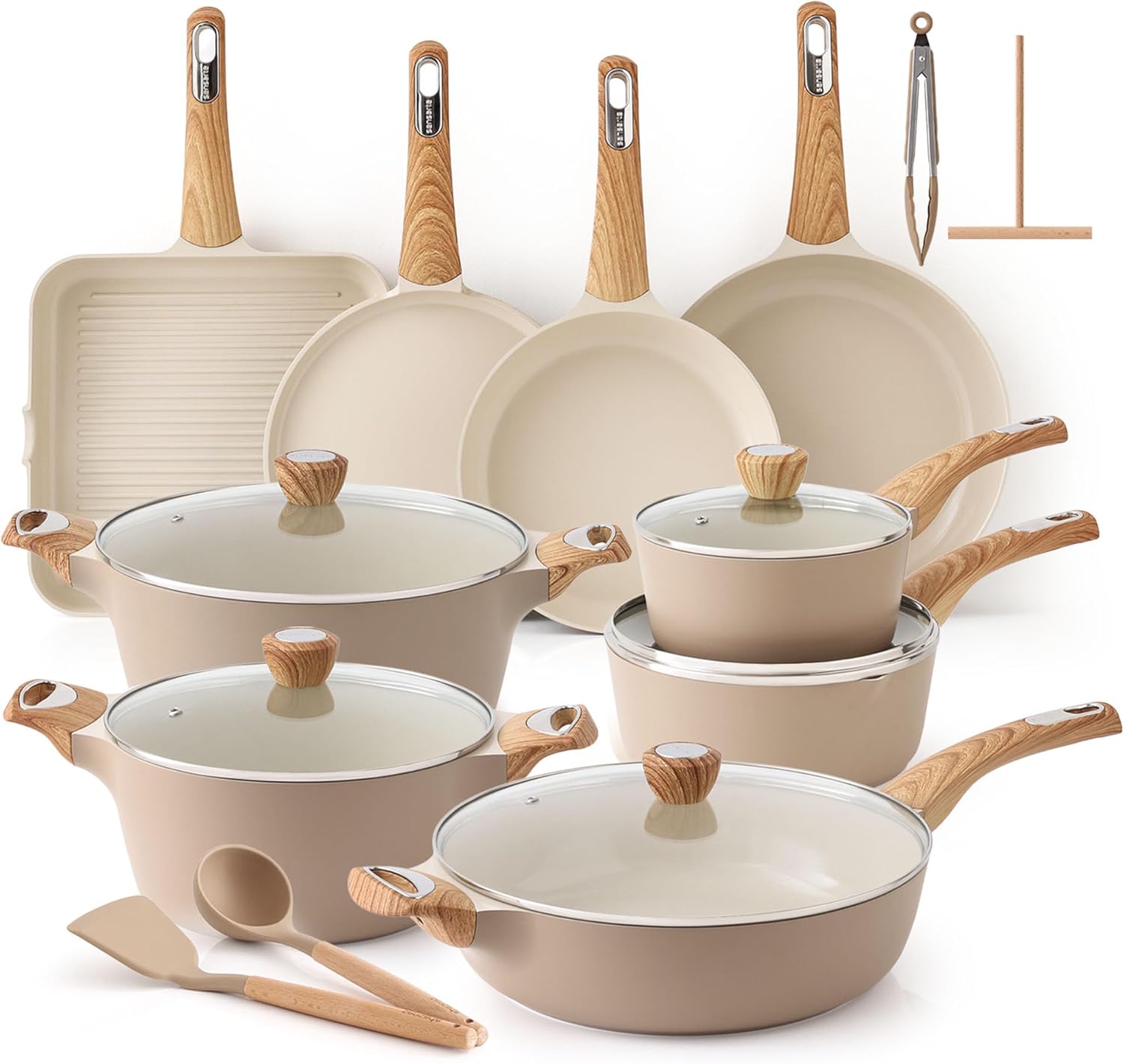 SENSARTE Ceramic Cookware Sets, Pots and Pans Set Non stick, Non toxic Healthy Induction Cookware, 26 Pcs Nonstick Kitchen Cooking Set, w/Frying Pans Set, Saucepans Set Ceramic Taupe