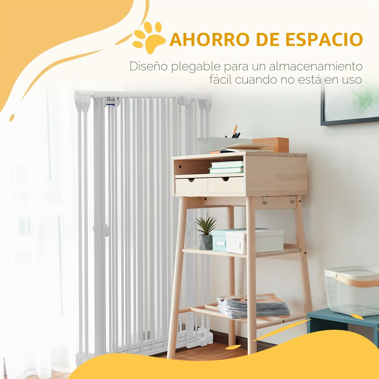 PawHut - Barrera de seguridad para perros de acero con 3 paneles plegables con doble cerradura y puerta integrada para puerta y escalera, 206 x 120 cm, color blanco