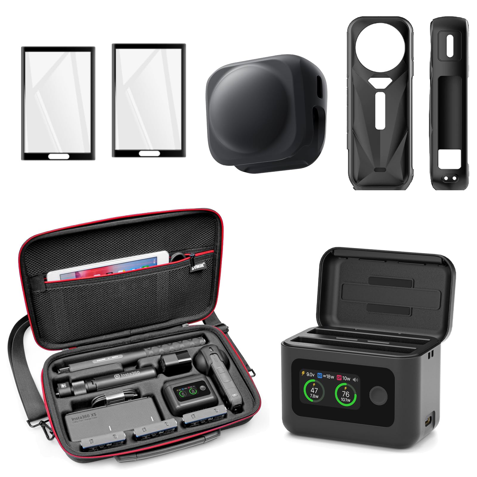 SYMIK Accessori essenziali per Insta360 X5, caricabatterie rapido, custodia da trasporto, confezione da 2 pellicole protettive, custodia in silicone e copriobiettivo