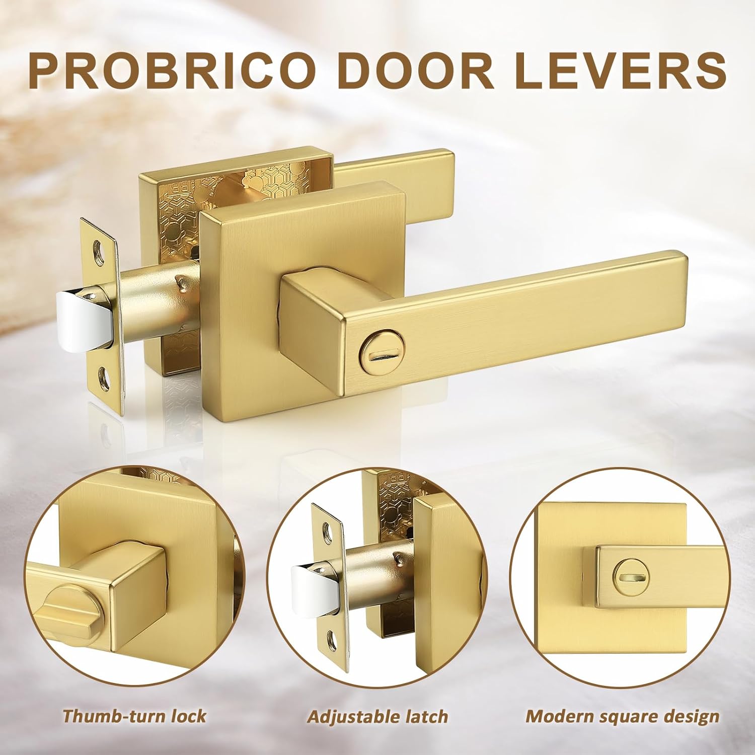 Probrico 4 Pack Gold Privacy Door Handles,Heavy Duty Satin Brass Door Knobs with Lock for Bedroom and Bathroom,Square Interior Keyless Locksets