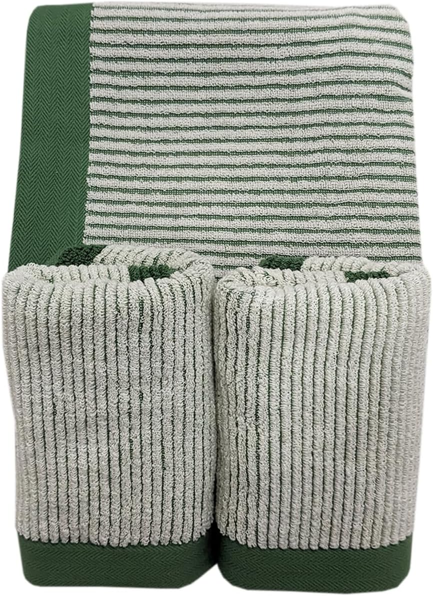 USTIDE 3-Piece Ribbed Striped Cotton Towel Set - Super Soft, Quick-Dry, Highly Absorbent 1Bath & 2 Hand Towels for Bathroom, Spa, Beach, and Home Decor (Green)