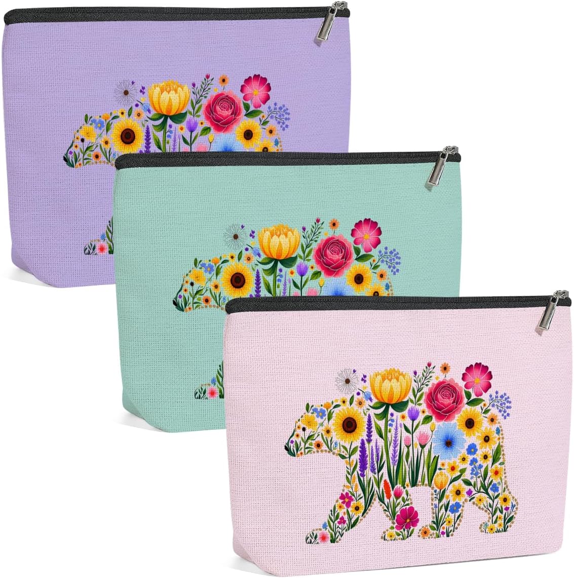 3 Pack Cute WildFlower Bear Flower Makeup Bag,Cosmetic Bags for Women,Travel Toiletry Bag Bears Themed Gifts for Women Friend Mom Nurse Girls Trip Bachelorette Party Birthday Christmas Weekend