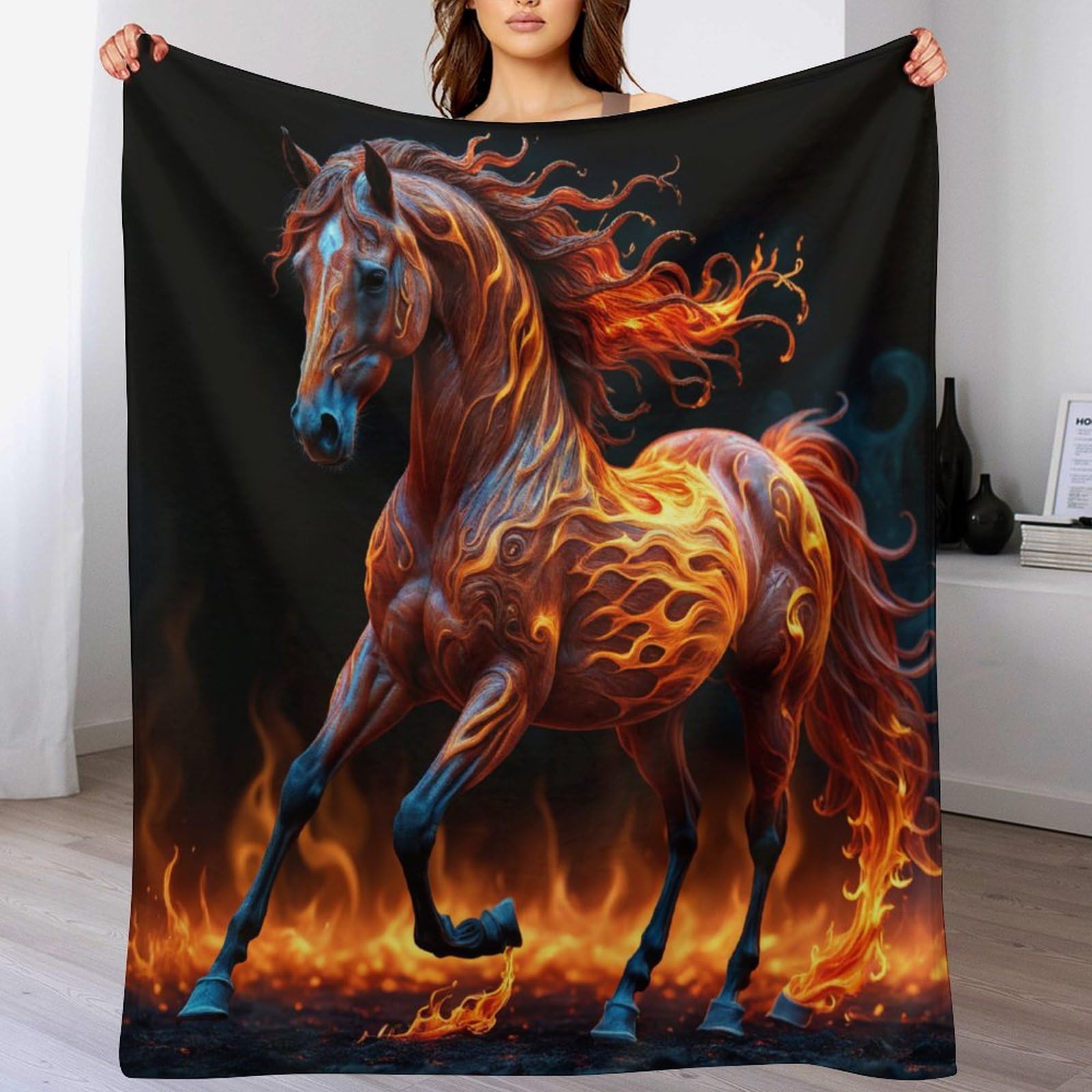 Couverture polaire flannel grand format 180x200cm, plaid tapis douillet motif cheval à chaud